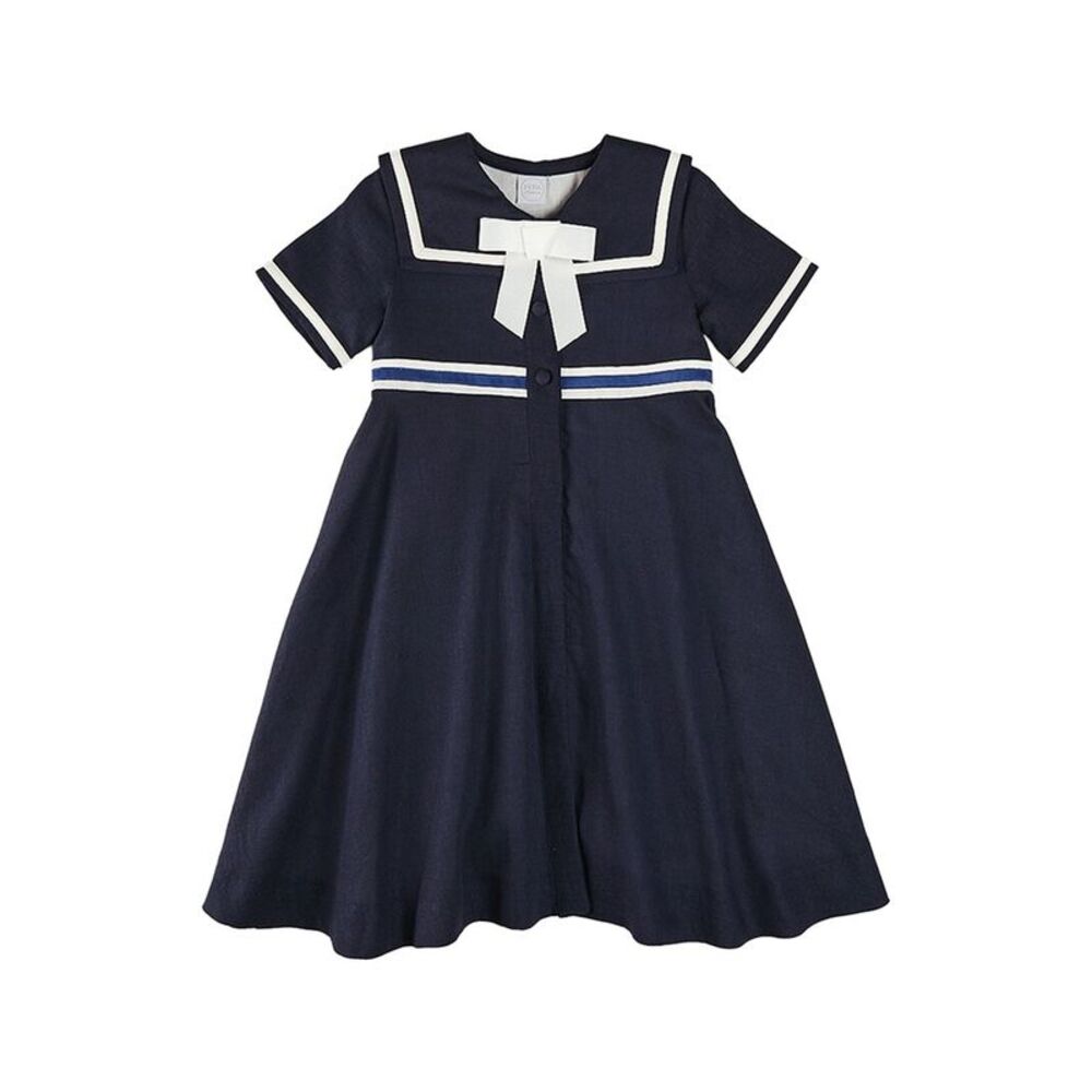 Pepa London Girls  Mariner Collar Bow Detail Linen-Blend Dress, Blue